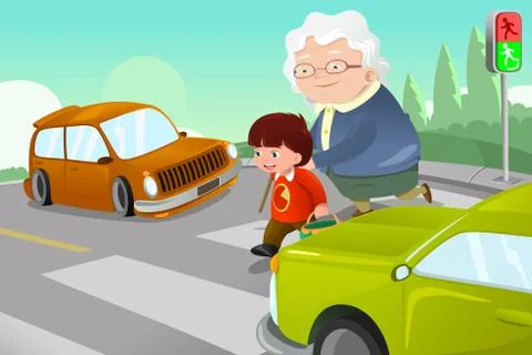 Kid helping senior lady crossing the street Stock Illustration