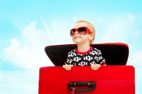 Kid inside Suitcase, Child Looking out Travel Luggage, Baby Boy in Sunglasses Stock Photos