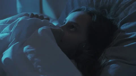 Kid insomnia night panic scared small girl in bed Stock Footage 288165513