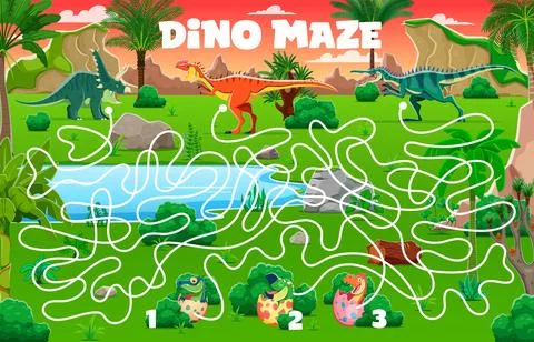 Kid labyrinth maze game, dinosaurs and dino babies Illustrazione stock