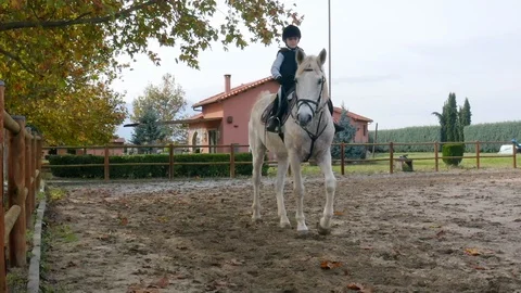 Kid learning to ride a horse on a ranch. Stock Footage 119886965