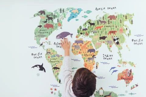 Kid looking world map Stock Photos