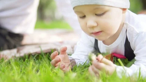 The kid looks at the grass Stock Footage 76102585