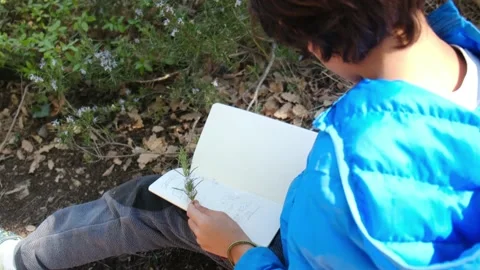 Kid naturalist seated down explores the life of plants and insects Stock Footage 238369107