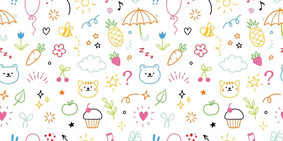 Kid pattern background. Seamless cute pattern with colorful hand drawn icons of Stock Illustration