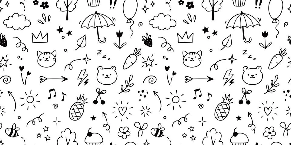 Kid pattern background. Seamless cute pattern with colorful hand drawn icons of Stock Illustration
