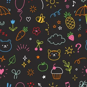 Kid pattern background. Seamless cute pattern with colorful hand drawn icons of Stock Illustration