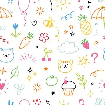 Kid pattern background. Seamless cute pattern with colorful hand drawn icons of Stock Illustration