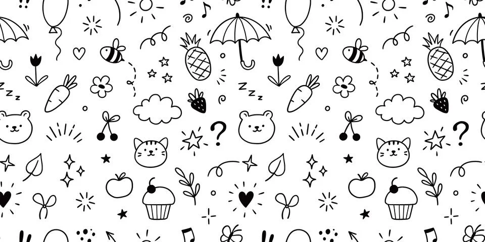 Kid pattern background. Seamless cute pattern with colorful hand drawn icons of Stock Illustration