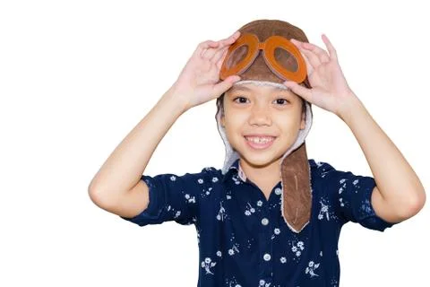 Kid pilot aviator with clipping path on white background, Happy girl playing Фото