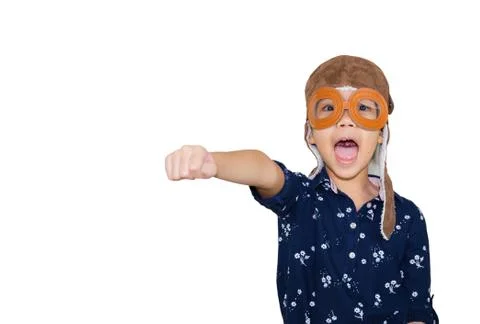 Kid pilot aviator with clipping path on white background, Child playing Фото