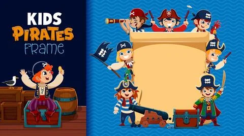 Kid pirates with old paper scroll parchment banner 스톡 일러스트