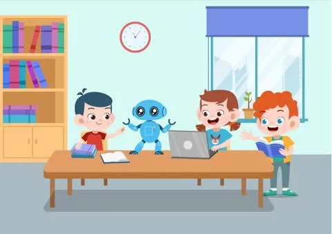 Kid play robot in school vector illustration Ilustración de archivo