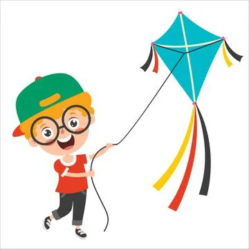 Kid Playing With A Colorful Kite Illustrazione stock