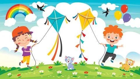 Kid Playing With A Colorful Kite Stock Illustration