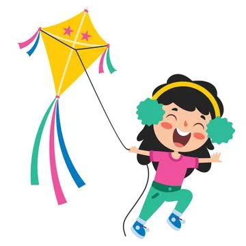 Kid Playing With A Colorful Kite Illustrazione stock