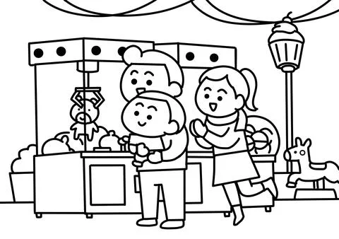 Kid playing Doll Machine coloring pages style. Stock Illustration