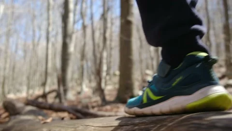 Kid playing in the forest park. close-up child feet walking on a fallen tree. 스톡 동영상 237424960