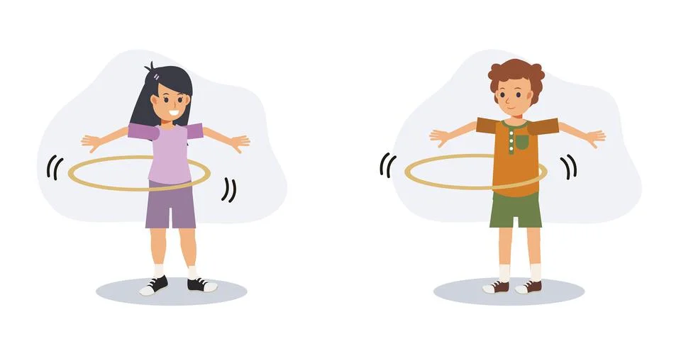 Kid playing Hulahoop ring. Fun ,sport activity. belly. Flat vector 2d cartoon Stock Illustration