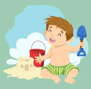 Kid playing sand in the beach Stock Illustration