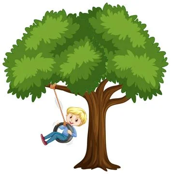 Kid playing tire swing under the tree on white background Stock Illustration
