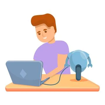 Kid programming robot bike icon, cartoon style Stock Illustration