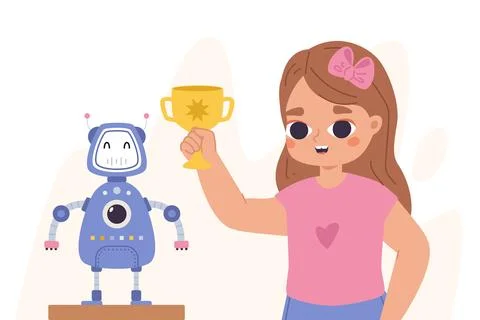Kid programming robot on robotics competition. Talent science girl with golden Stock Illustration