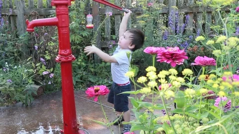 Kid pumping water in garden, video Video stock 80352053