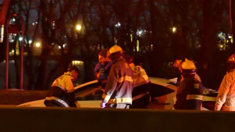 Kid put on stretcher at crash on freeway Stock Footage 139664116