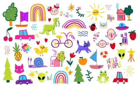 Kid rainbow school doodle set Illustrazione stock