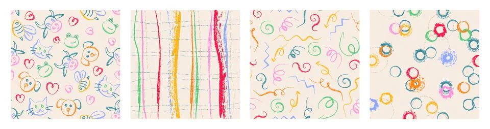 Kid rainbow school seamless patterns set Stock Illustration