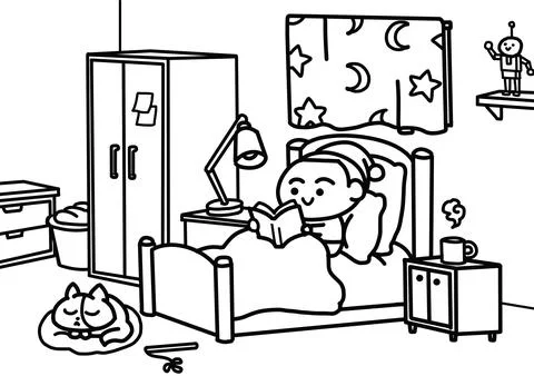 Kid reading a book on the bed. Stock Illustration