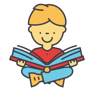 Kid reading a book concept. Line vector icon. Editable stroke. Flat linear il Stock Illustration