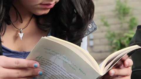 Kid reading book outside Stock Footage 155388071