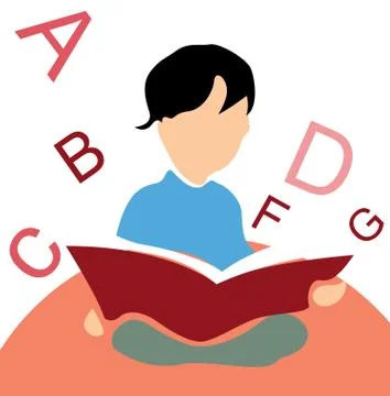 Kid reading a book, white background with alphabets Stock-Illustration
