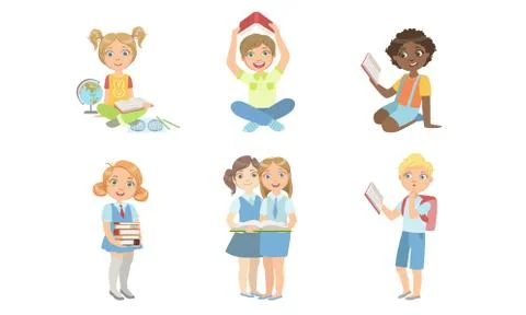 Kid Reading Books Set, Elementary School Students Studying and Enjoying Stock Illustration
