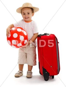 Kid with red ball and suitcase, ready for journey Stock Photos