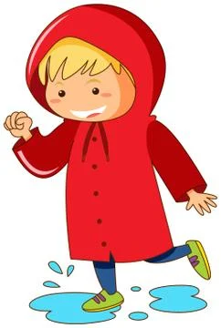 Kid in red raincoat jumping in puddles Stock Illustration