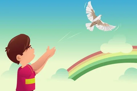 Kid release a bird Stock Illustration