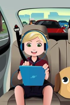 Kid riding a car using a tablet 스톡 일러스트