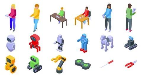 Kid robot class icons set. Robotics engineering team working on innovative Stock Illustration