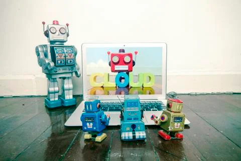 Kid robots learn about cloud computing 写真素材