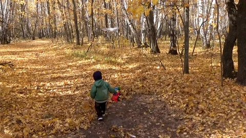 The kid runs after the quadcopter Stock Footage 117404281