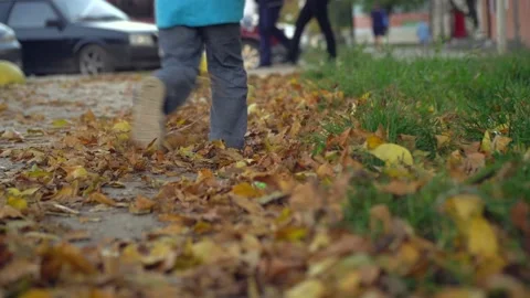 Kid runs on fallen leaves Stock Footage 136876160