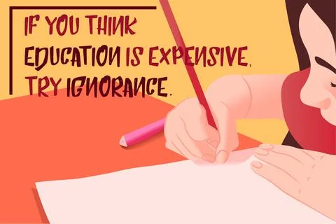 Kid at school drawing in a notebook with a pen, education quote on the corner Stock Illustration