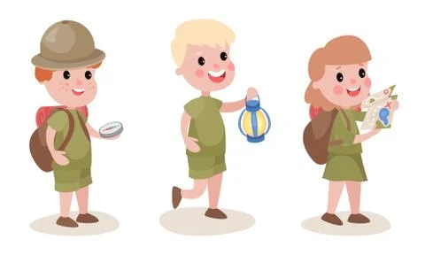 Kid Scouts with Backpacks Holding Map and Compass Camping Vector Illustration 스톡 일러스트