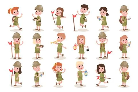 Kid Scouts with Backpacks Holding Map and Compass Camping Vector Illustration 스톡 일러스트