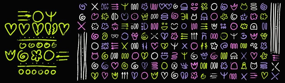 Kid scribble set with sketch hearts and circle symbols in quirky naive cat Stock-Illustration