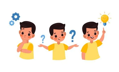 Kid searches idea process. Boy solves challenge, student child in thinking Stock Illustration