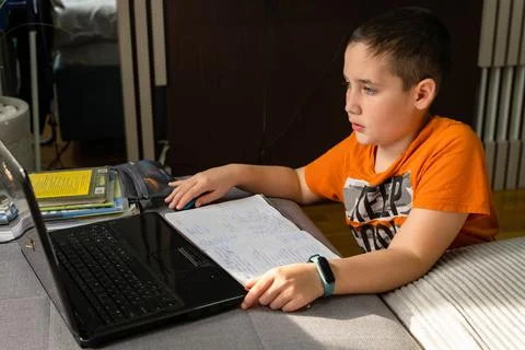 Kid self isolation using tablet for his homework. Online education 스톡 사진